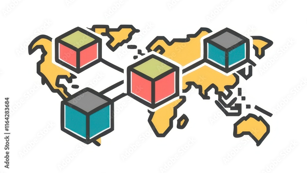 Poster a stylized world map featuring colored blocks connected by lines, symbolizing global data exchange o