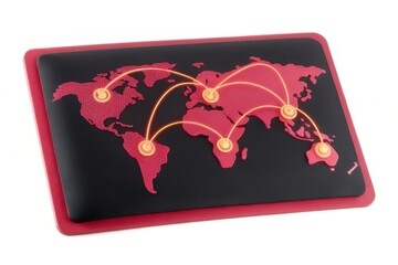 A stylized world map highlighting global connections with red accents and glowing markers indicating key locations.