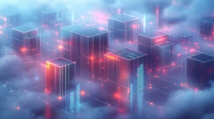 Obraz premium Futuristic city skyline above clouds, glowing neon lights, digital network.