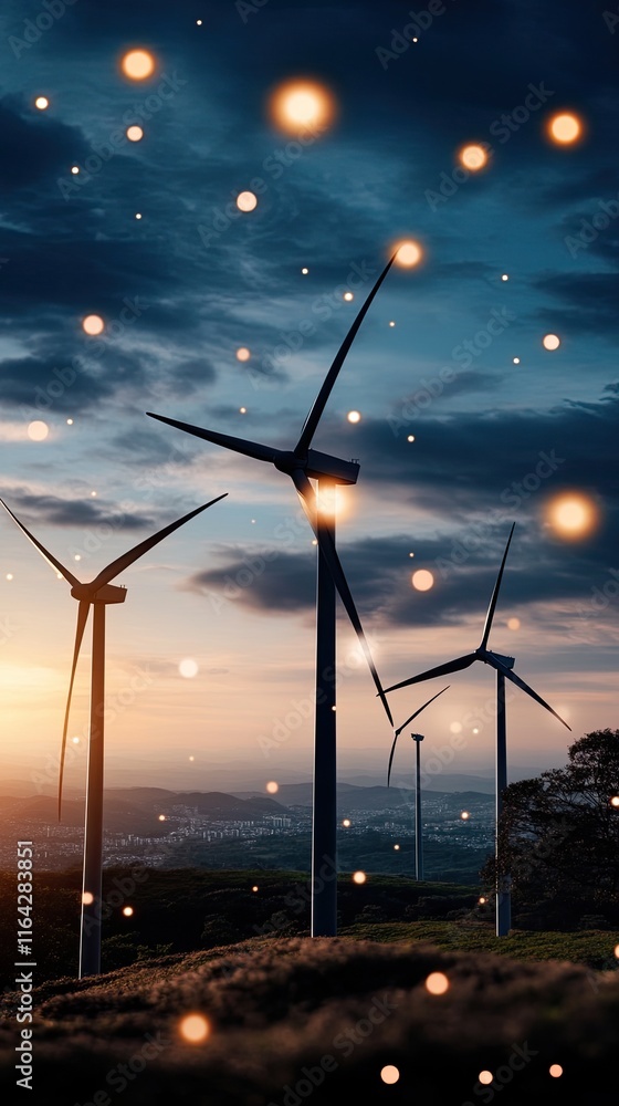 Aufkleber visual representation of a candlestick chart with wind turbines in the background, illustrating the 