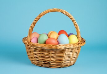Colorful Easter Eggs in a Wicker Basket Against a Bright Blue Background Perfect for Celebrating Spring and Festive Holiday Themes
