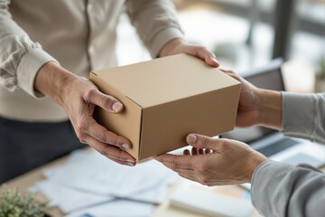 Close-up of hands exchanging a cardboard box in a professional office setting.