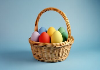Colorful Easter Eggs in a Woven Basket Against a Soft Blue Background, Perfect for Spring Celebrations and Holiday Decorations