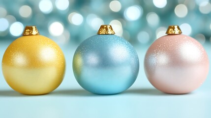Three Pastel Christmas Ornaments On A Blue Background