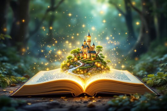Open book with glowing fairytale castle surrounded by sparkles in enchanted forest background.