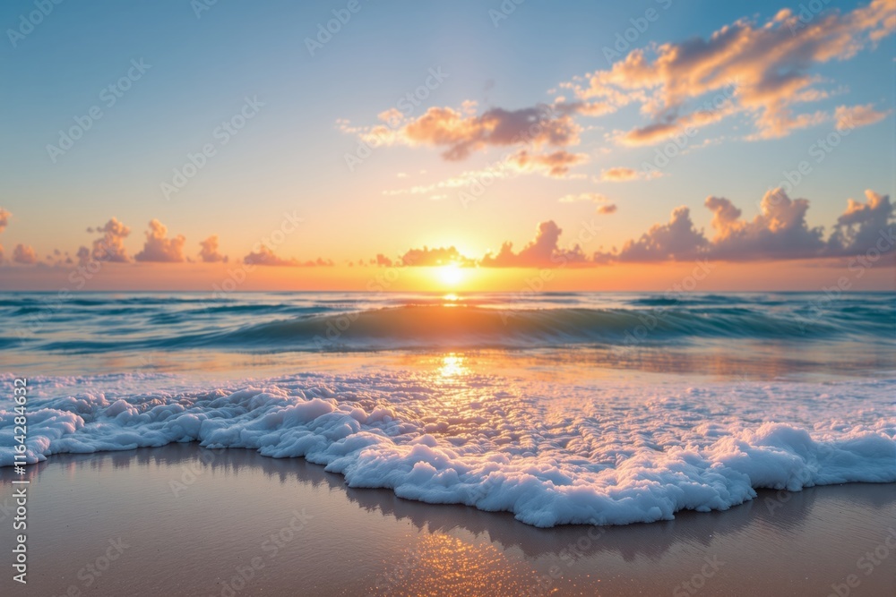 Aufkleber serene sunrise over a tranquil ocean with gentle waves and soft foam on a sandy beach.