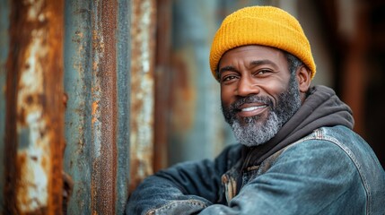 Smiling construction worker in hard hat stands confidently at building site