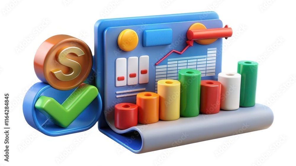 Poster a colorful, 3d representation of a financial dashboard featuring graphs, charts, and indicators illu