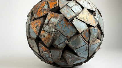 A weathered metallic sphere fragmented into geometric shapes