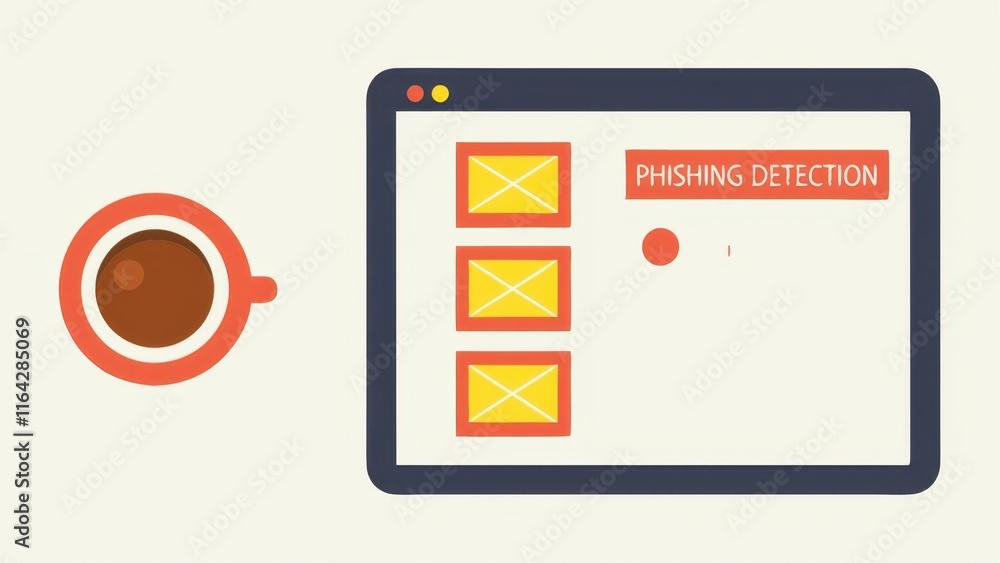Poster a coffee cup beside a computer screen displaying a phishing detection alert with email icons.