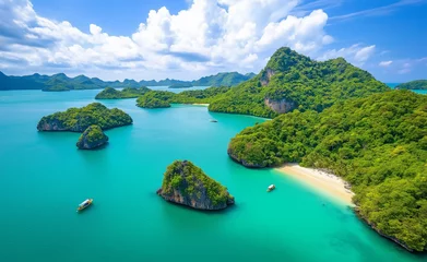 Fototapete Aerial view of a tropical island with white sandy beach, turquoise water, and lush greenery under a sunny blue sky. © Curioso.Photography
