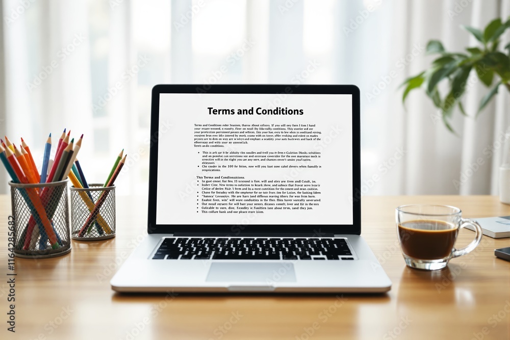 Poster laptop displaying terms and conditions document on a wooden table with colorful pencils and coffee c