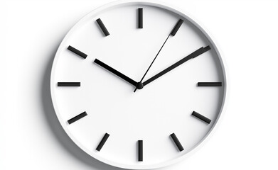 Minimalist white clock with black hands and markers on a clean white background, symbolizing simplicity and modern design.