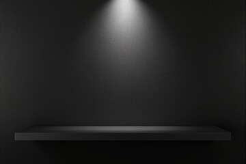 Minimal black shelf with spotlight on black textured wall.