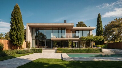 Obraz premium Stylish Modern Residence with Expansive Lawn and Lush Garden