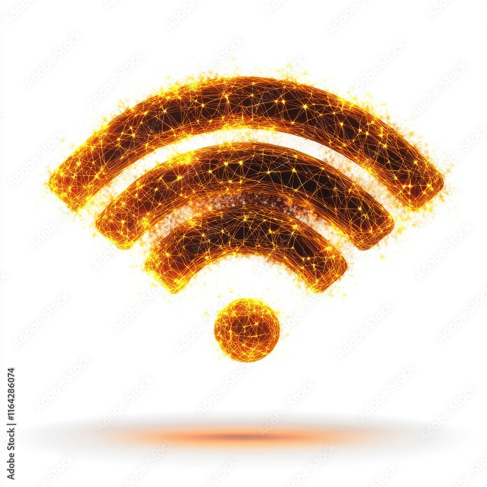 Poster a glowing orange wifi symbol made of interconnected lines and dots, representing digital connectivit