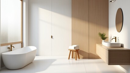Fototapeta premium A Scandinavian bathroom with light oak accents, minimalist decor, and natural textures. A serene space emphasizing simplicity and functionality with a clean, modern design.