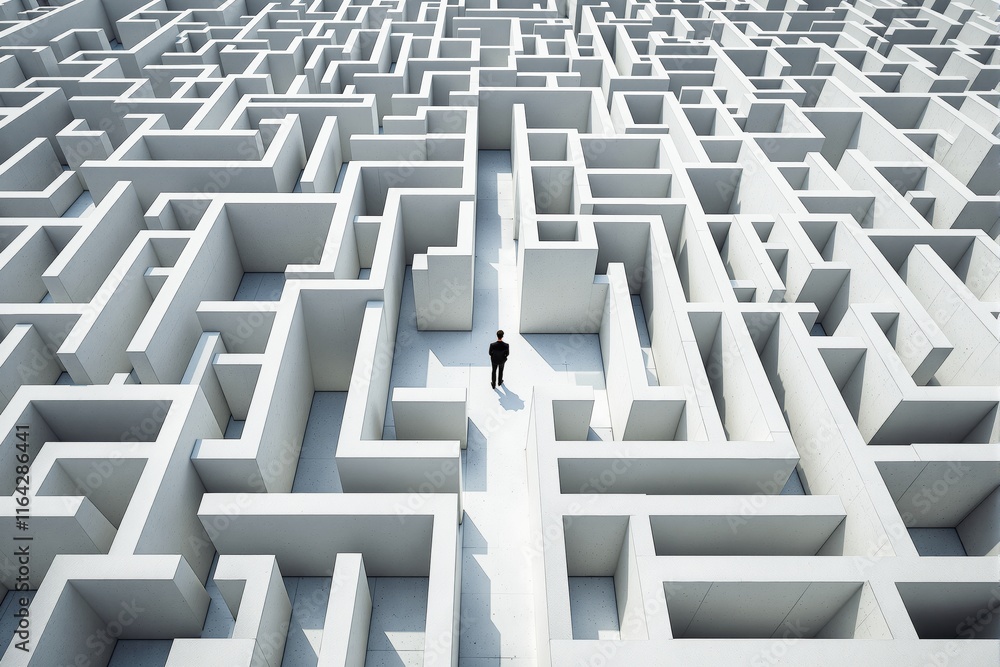 Poster Man standing in a vast white maze under bright light, symbolizing complex decision-making and challenges.