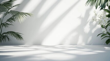 Abstract white studio background for product presentation. Empty room with shadows of window and flowers and palm leaves . 3d room with copy space. Summer concert. Blurred backdrop