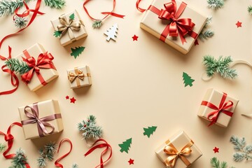 Holiday-themed gift boxes with red and gold ribbons on pastel background.