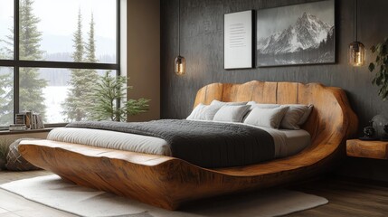 Modern bedroom with unique wooden headboard and cozy decor elements in a dark color scheme