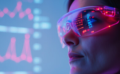 Futuristic woman wearing high-tech glasses with red molecular structures and glowing neon reflections, symbolizing science and innovation.