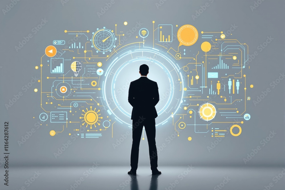 Poster businessperson standing before illuminated data interface on bright gray background.