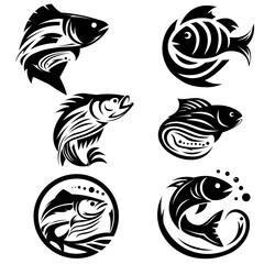 Set of fish silhouettes collection isolated on white background.