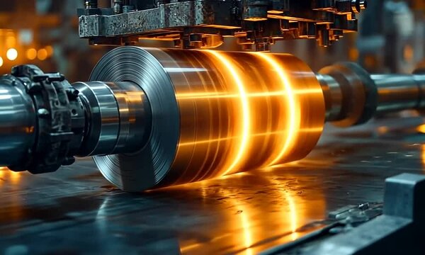 Glowing metal coil processed by industrial machinery.