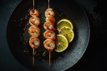 Grilled shrimp skewers garnished with lemon slices on a black plate, showcasing vibrant colors and textures.