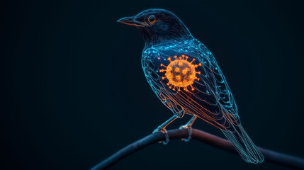 Bird flu mutation avian virus. Digital bird with a glowing virus symbol in its body.