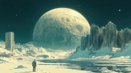 Astronaut standing on a frozen exoplanet surface, observing a massive cratered moon in the sky, with a futuristic building and icy mountains in the distance