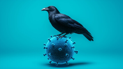 Bird flu mutation avian virus. Black raven perched on a blue virus sphere against a turquoise background.