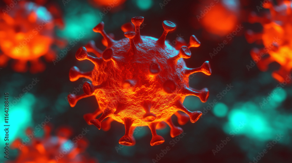 Poster bird flu mutation avian virus. 3d illustration of a virus with glowing features in a dark background