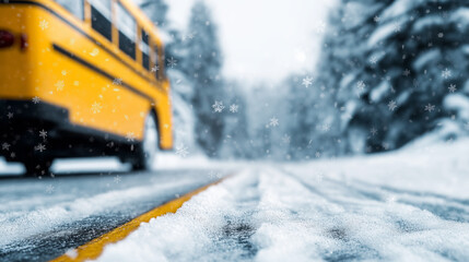 A yellow school bus driving on a snow-covered road with falling snowflakes, symbolizing winter transportation and education.
