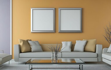 Fototapeta premium Modern living room interior with beige sofa, glass coffee table, and two blank frames on mustard yellow wall.