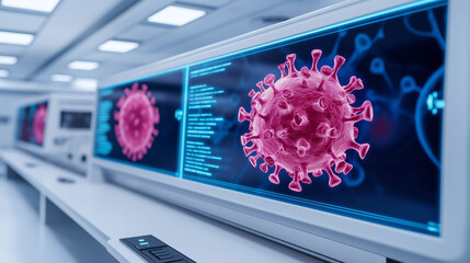 Bird flu mutation avian virus. Digital displays showing a virus model in a futuristic lab setting.