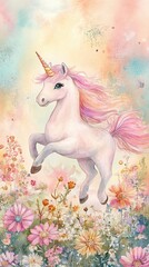 Fototapeta premium Magical Unicorn Leaping Through A Pastel Flower Meadow