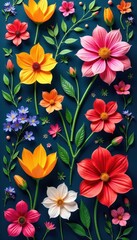 Continuous flowing arrangement of vibrant flowers and foliage , petal, botanical