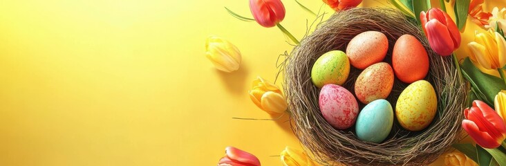 Colorful Easter Eggs Nestled in a Beautiful Spring Arrangement Surrounded by Vibrant Tulips on a Bright Yellow Background