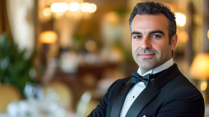 Fototapeta premium Confident caucasian male in tuxedo at elegant event venue