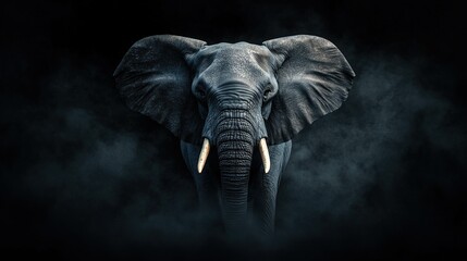 Fototapeta premium An elephant stands in the dark with its tusks curled up