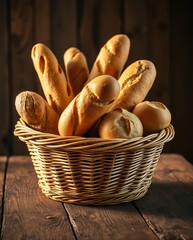 Freshly Baked Artisan Bread Rolls in a Woven Basket on a Rustic Wooden Table