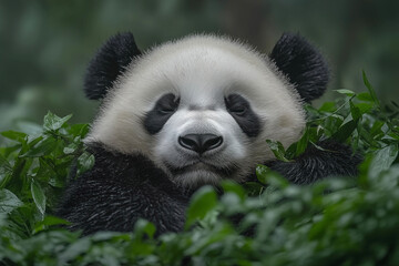 Obraz premium Adorable giant panda in the wild, captured in a breathtaking extreme close-up. Showcasing its expressive eyes, soft fur, and iconic black-and-white markings in stunning detail.