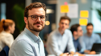 Confident young caucasian male professional in busy office environment
