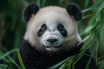 Fototapeta premium Adorable giant panda in the wild, captured in a breathtaking extreme close-up. Showcasing its expressive eyes, soft fur, and iconic black-and-white markings in stunning detail.