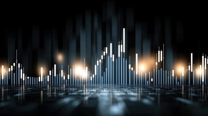 Financial concept shows stock market dynamics with a rising candlestick chart against a blue background and a blurred world map