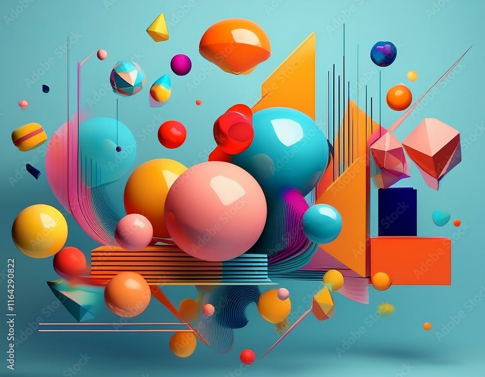 Poster colorful geometric shapes floating and creating an abstract composition on light blue background