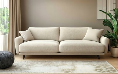 Fototapeta premium Beige sofa in modern living room with rug, plant, and window.