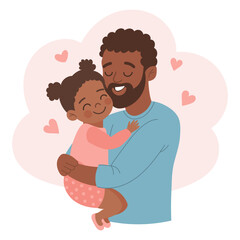 Happy African American father with his little daughter. Family and Fathers Day. Cute cartoon illustration.